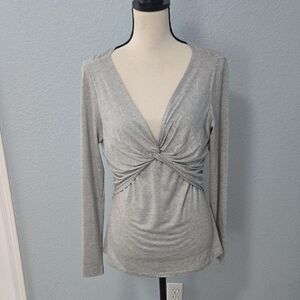 DONNA KARAN Empire V-Neck Twist Top Front & Back Silver Gray Metallic Sz Medium